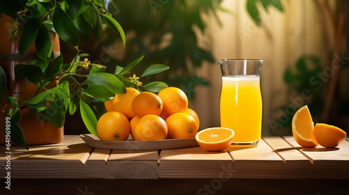 A glass of orange juice and some fresh fruit on a wooden table