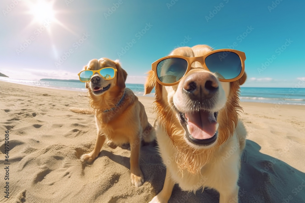 golden retriever dogs in sunglasses on the beach at sunny day