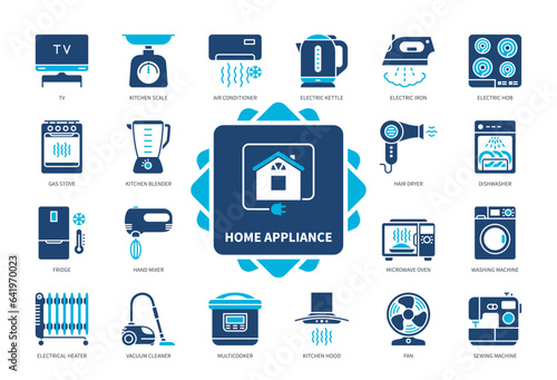 Home Appliance icon set. Washing Machine, Kettle, Vacuum Cleaner, Fridge, Electrical Heater, Electric Iron, Fan, TV. Duotone color solid icons