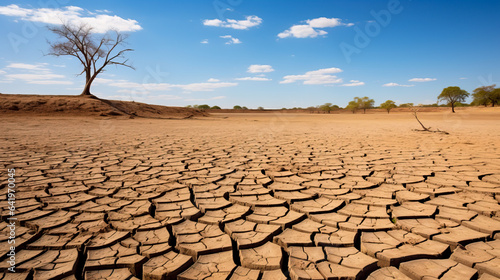 Cracked, arid and dried up lakebed. Concept of drought and water scarcity due to global warming and the climate crisis. Shallow field of view.
