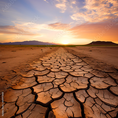 Cracked, arid and dried up lakebed. Concept of drought and water scarcity due to global warming and the climate crisis. Shallow field of view.