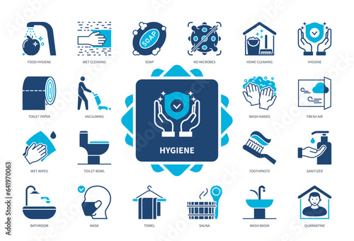 Hygiene icon set. Food Hygiene, Vacuuming, Wet Cleaning, Bathroom, Soap, Toothpaste, Fresh Air, Quarantine. Duotone color solid icons