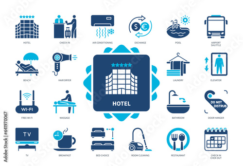 Hotel icon set. Beach, Check in, Pool, Laundry, Airport Shuttle, Bed Choice, TV, Exchange. Duotone color solid icons