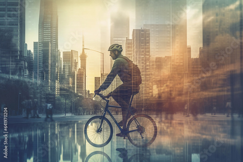 Cyclist in city with double exposure