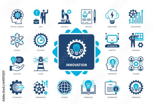 Innovation icon set. Brainstorm, Technology, Teamwork, Idea, Designing, Development, Research, Critical Thinking. Duotone color solid icons