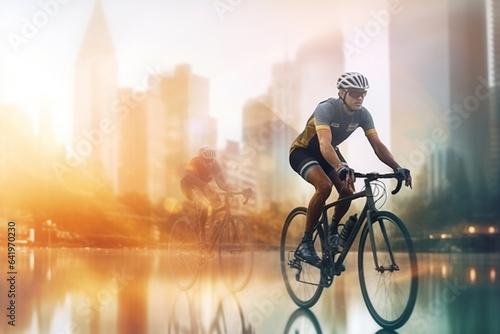 Cyclist in city with double exposure