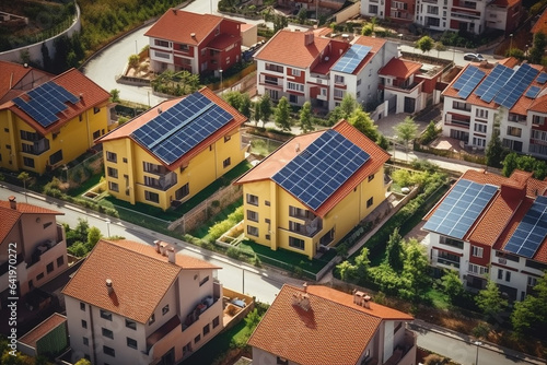 Aerial view of solar panels installed on the roofs of houses.