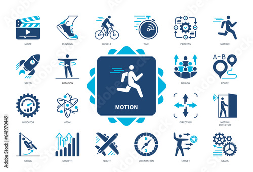 Motion icon set. Running, Swing, Rotation, Direction, Movie, Bicycle, Speed, Motion Detector, Atom. Duotone color solid icons
