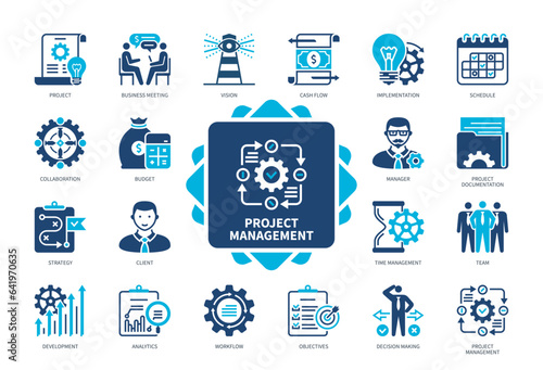 Project Management icon set. Objectives, Budget, Project Documentation, Implementation, Development, Strategy, Analytics, Cash Flow. Duotone color solid icons