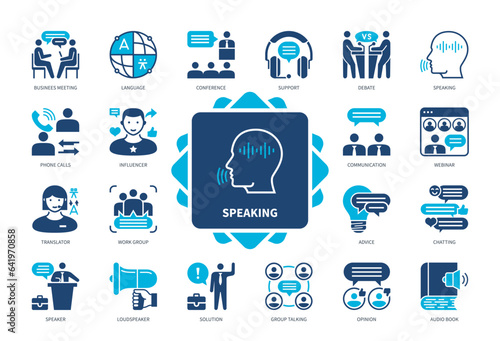 Speaking icon set. Business Meeting, Communication, Language, Loudspeaker, Influencer, Opinion, Webinar, Conference. Duotone color solid icons