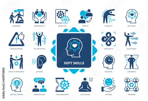 Soft Skills icon set. Responsibility, Empathy, Conflict Management, Work Ethic, Teamwork, Flexibility, Creative Thinking, Problem Solving. Duotone color solid icons