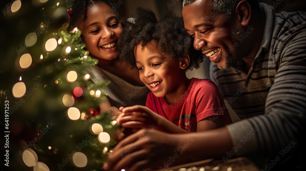  Festive Family Decorating Christmas Tree with Love.  Generative AI