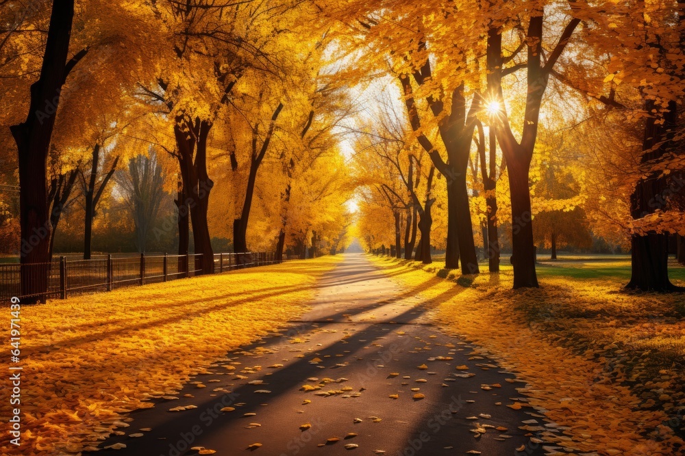 Autumn forest road in autumn leaves background. Beautiful autumn landscape with yellow trees and sun. Colorful foliage in the park.