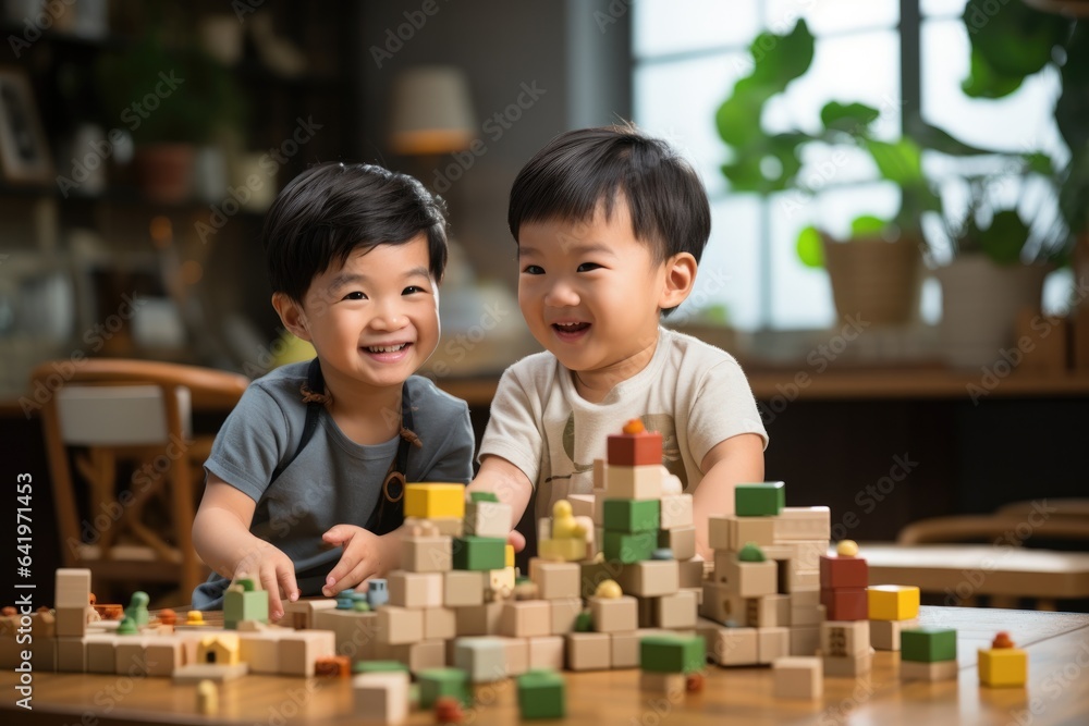 Happy two asian children playing with blocks. Cute little children playing while sitting at home Happy two asian children playing with blocks. Cute little children playing while sitting at home