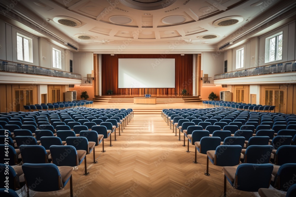Interior of a conference room that is empty and has a presenting stage. The prespective of a conference or functional hall. Conference room, stage show