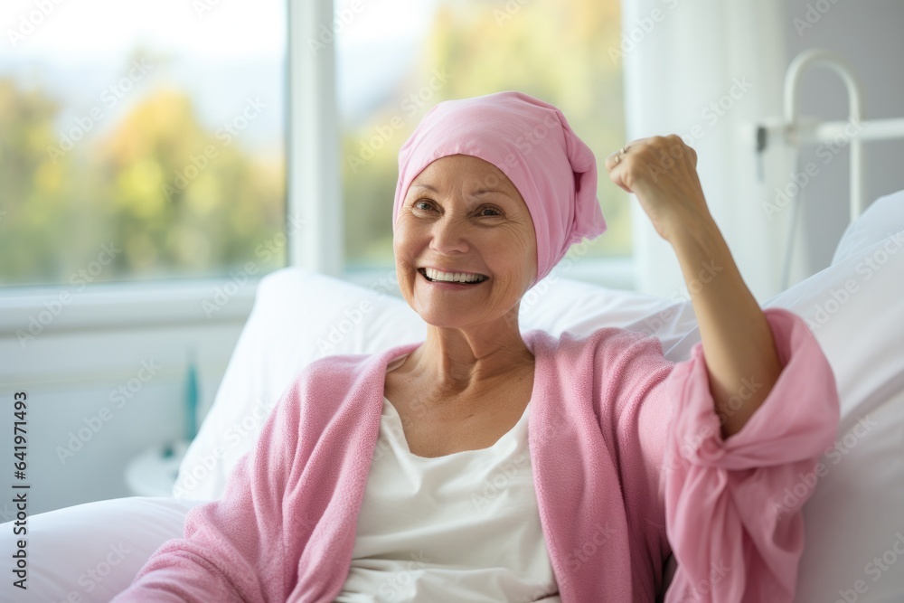 Female cancer patient lying on a hospital bed. Cheerful woman cancer patient giving thumbs up looking at camera. Female cancer patient lying on a hospital bed. Cheerful woman cancer patient giving thumbs up looking at camera.