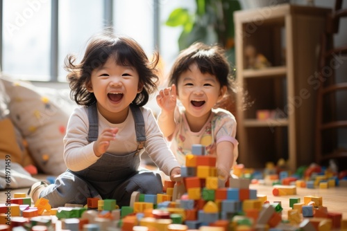 Fotografia Happy two asian children playing with blocks