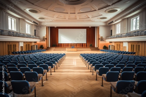 Interior of a conference room that is empty and has a presenting stage. The prespective of a conference or functional hall. Conference room, stage show