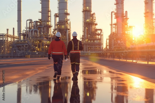 Engineer or Technician wearing safety helmet and working in petrochemical plant at sunset