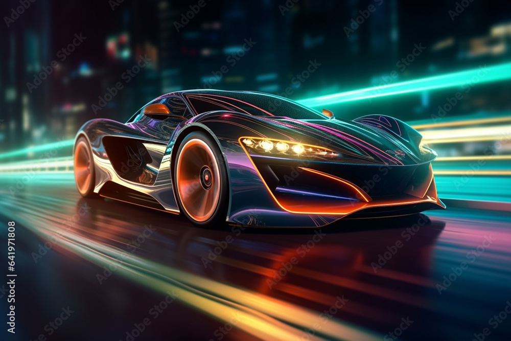 3D rendering of a brand-less generic concept car in neon light 3D rendering of a brand-less generic concept car in neon light