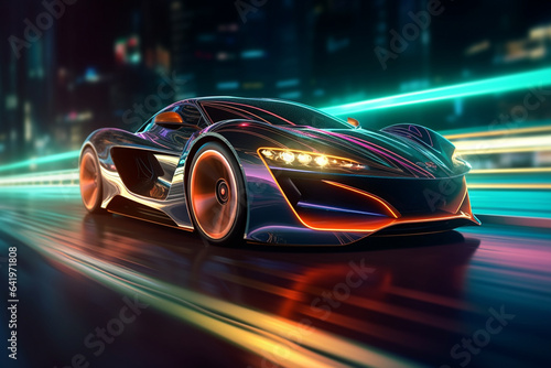 3D rendering of a brand-less generic concept car in neon light © Creative