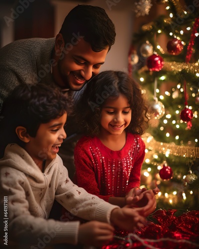 Festive Indian Family Decorating Christmas Tree with Joy. Generative AI