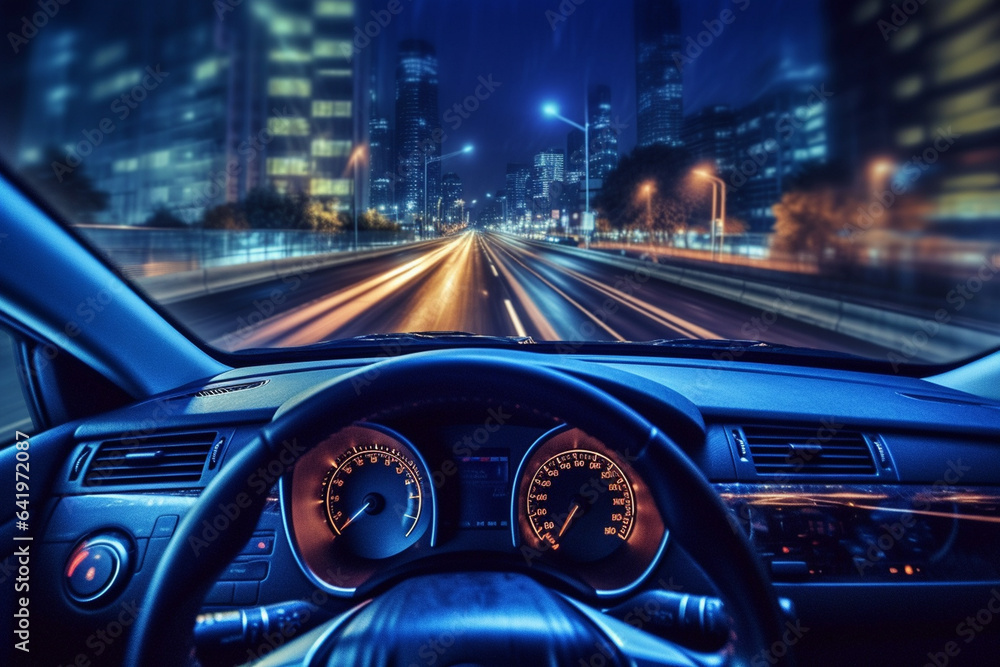 View of the inside of a modern car in the night. 3d rendering