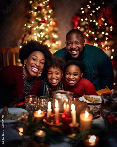 Modern African American Family Celebrating Christmas Around Festive Table. Generative AI