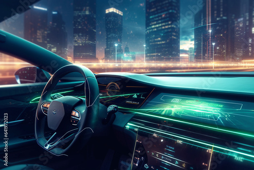View of the inside of a modern car in the night. 3d rendering