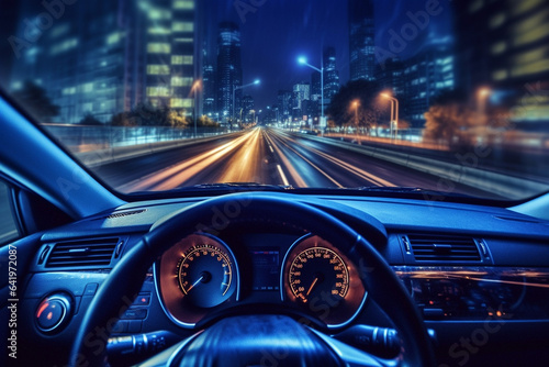 View of the inside of a modern car in the night. 3d rendering
