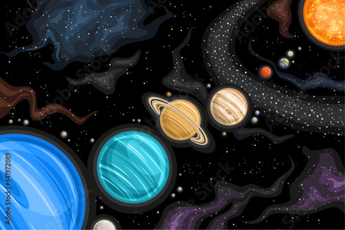 Vector Fantasy Space Chart, astronomical horizontal poster with illustration pf planet parade in Solar System, decorative futuristic cosmo print with planets in a row on black starry space background