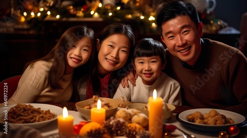  Festive Asian Family Christmas Gathering with Traditional Food and Warmth. Generative AI