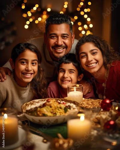 Modern Indian Family Celebrating Christmas Around Festive Table. Generative AI