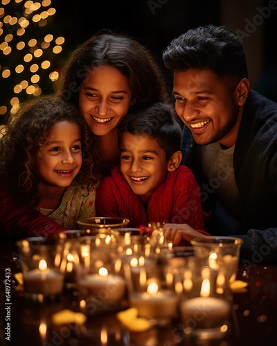 Modern Indian Family Celebrating Christmas Around Festive Table. Generative AI