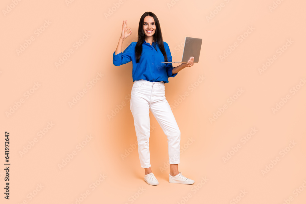 Photo of charming positive lady wear stylish blue shirt arm showing okey symbol nice quality modern device isolated beige color background