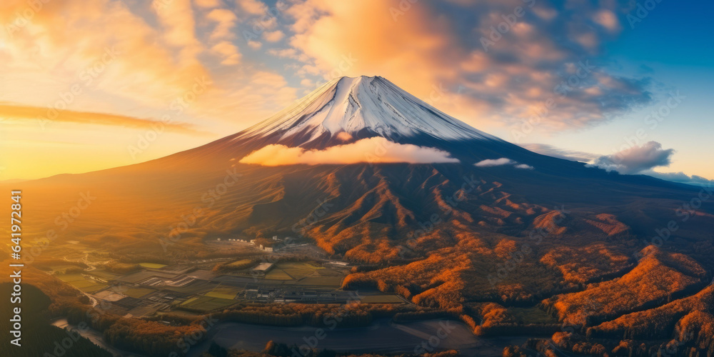 Aerial Panorama Landscape of Fuji Mountain. Iconic and Symbolic Mountain of Japan.generative ai