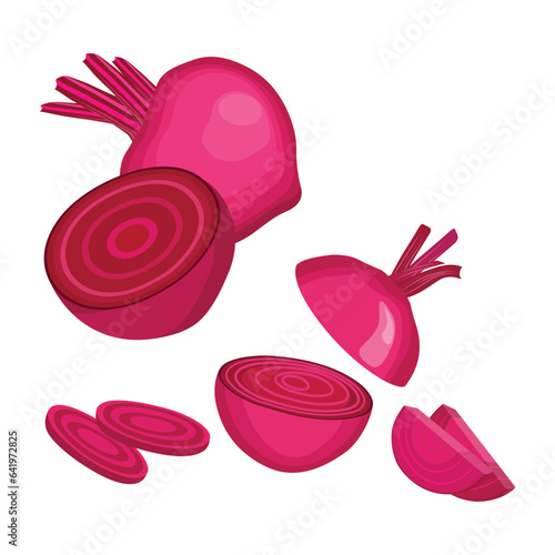 Vector illustration single and set of beetroot in cartoon flat style. Whole, cut, sliced of organic healty beet vegetable farmer product. Set of beet in different forms isolated on white background.