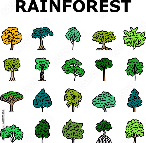 rainforest jungle amazon nature icons set vector. forest landscape, brazil tree, green asia, environment river, beautiful wild foliage rainforest jungle amazon nature color line illustrations