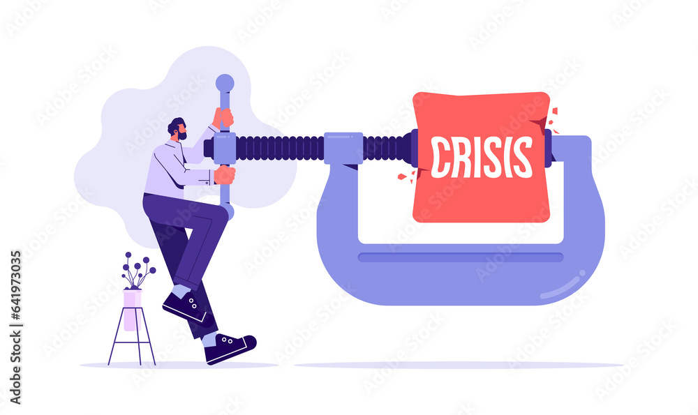 Crisis management, challenge to overcome difficulty in economic crisis concept, businessman using clamping to squeeze the word crisis Crisis management, challenge to overcome difficulty in economic crisis concept, businessman using clamping to squeeze the word crisis