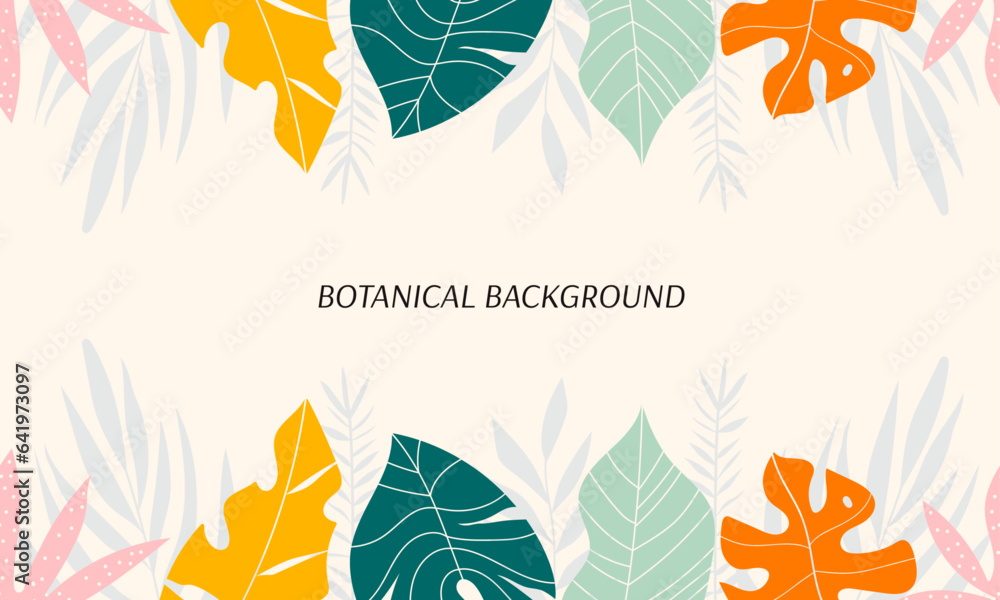 Hand drawn tropical horizontal banner. Exotic abstract various leaves vector art. Botanical print in boho style. Modern jungle poster. Colorful foliage for marketing, advertising, social media.