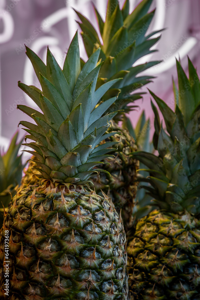 A close up of fresh pineapples, with selective focus A close up of fresh pineapples, with selective focus