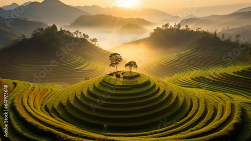 heliocentric of Mu Cang Chai , a round circle terraced rice hill no house ,Yen Bai , Vietnam,generative ai photo