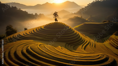 heliocentric of Mu Cang Chai , a round circle terraced rice hill no house ,Yen Bai , Vietnam,generative ai