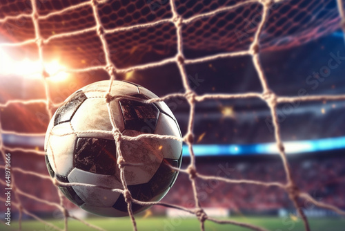 Soccer ball in goal net. 3d rendering toned image