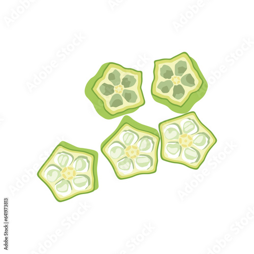 Vecktor illustration of Okra, Okura Okazu, ladyfinger, bamia or Bhindi. Fresh green vegetable, asian cooking ingredient. Whole and sclice. Healthy vegetarian food. Flat vector in cartoon style.