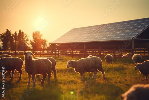 Sheep and lambs on green field with solar panels at sunset