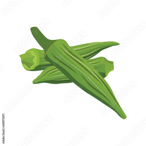 Vecktor illustration of Okra, Okura Okazu, ladyfinger, bamia or Bhindi. Fresh green vegetable, asian cooking ingredient. Whole and sclice. Healthy vegetarian food. Flat vector in cartoon style.