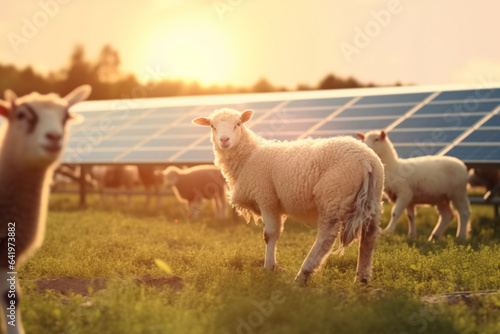 Sheep and lambs on green field with solar panels at sunset