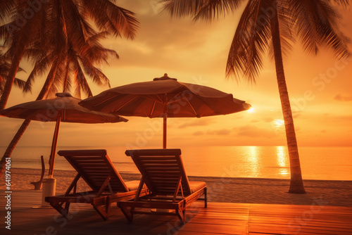 Beautiful Silhouette palm tree umbrella and chair around swimming pool in hotel resort at sunrise