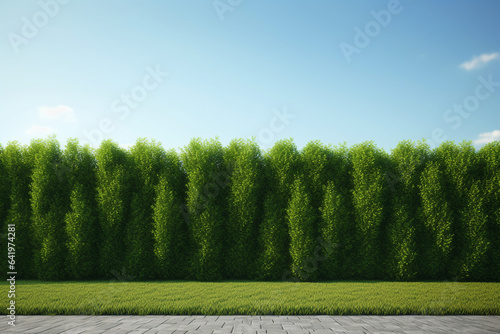 Green forest and blue sky. Nature background. 3d rendering.